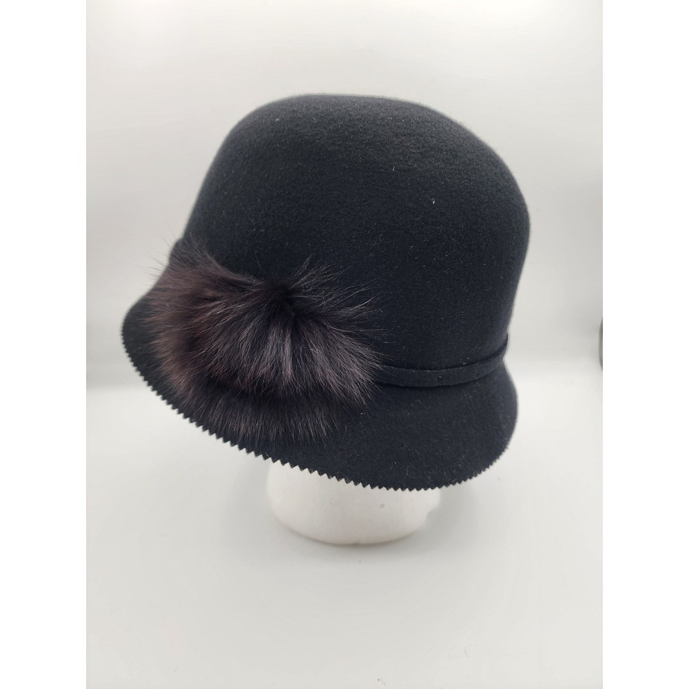 Galliano Sorbatti Black Wool Felt Cloche Hat Fur Pom Pom Made in Italy One Size